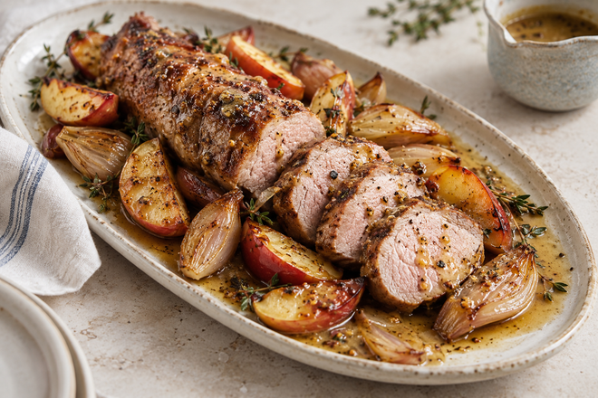 Dijon Butter Pork Fillet, Caramelised Apples & Shallots