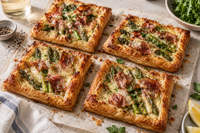 Dijon Butter Asparagus, Prosciutto & Gruyère Tarts