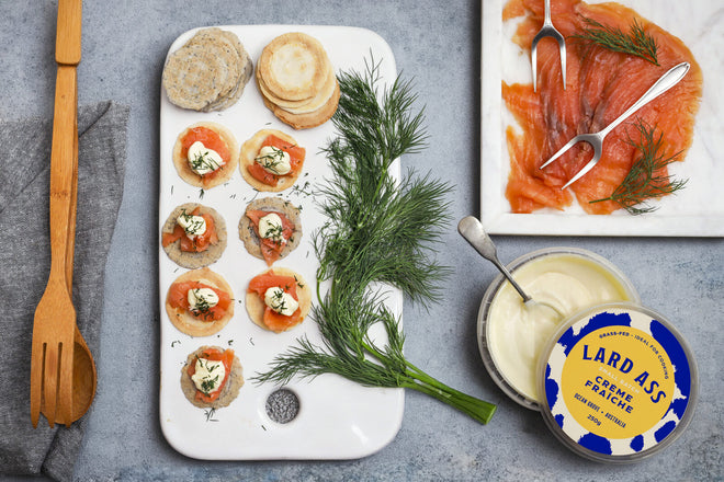 Smoked Salmon Blinis with Lard Ass Crème Fraîche & Fresh Dill