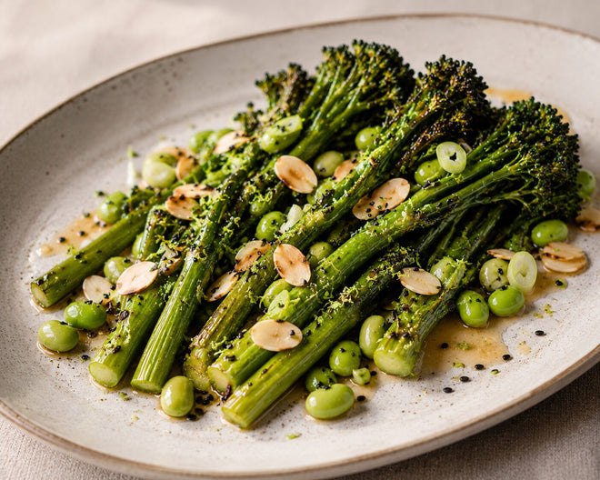 Miso Butter Roasted Broccolini with Edamame & Toasted Almonds