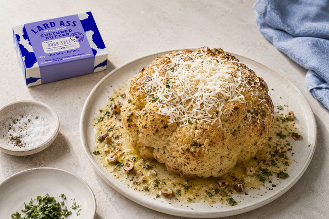 Whole Roasted Cauliflower with Rock Salt Butter & Toasted Hazelnuts