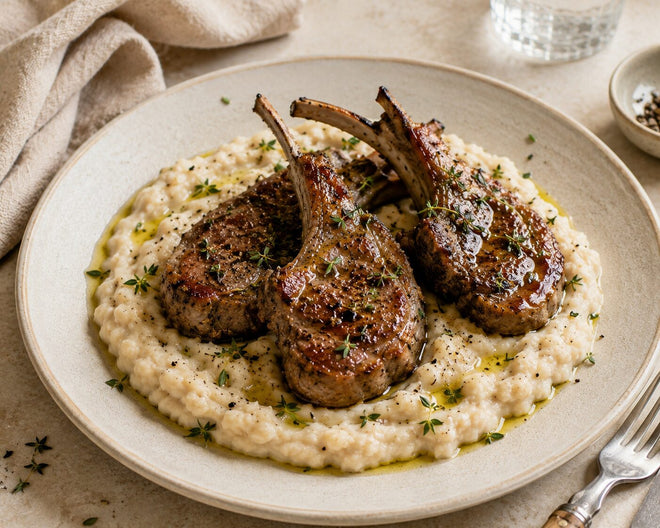Roasted Garlic Butter White Bean Mash with Lamb Cutlets